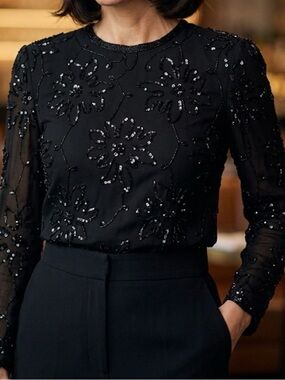 Patchouli from Nature Black Silk Beaded Floral Long-Sleeve Women's Top M